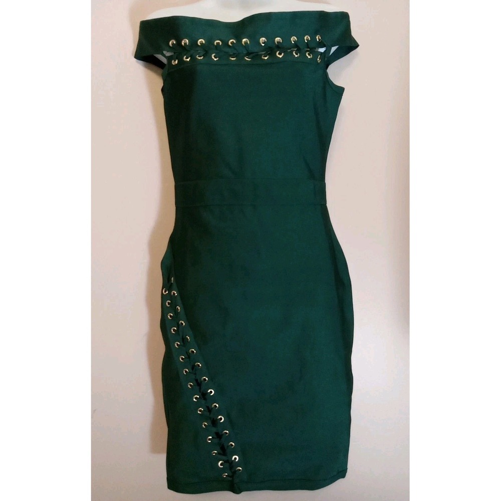 Fashion Nova Emerald Green Eyelet Laceup Design Bandage Style Zip Dress Size L